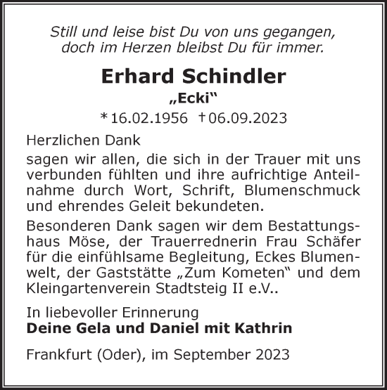 Traueranzeige von Erhard Schindler von Märkische Oderzeitung