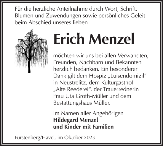 Traueranzeige von Erich Menzel von Märkische Oderzeitung