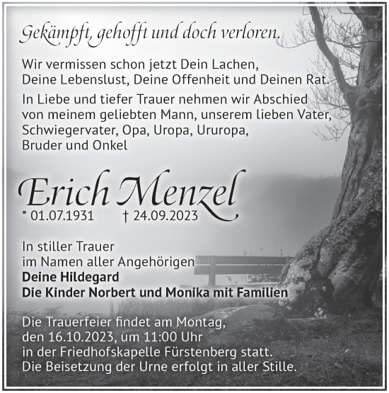 Traueranzeige von Erich Menzel von Märkische Oderzeitung