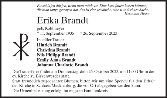 Traueranzeige von Erika Brandt von Märkische Oderzeitung