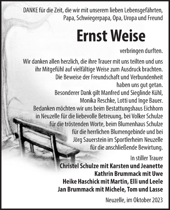 Traueranzeige von Ernst Weise von Märkische Oderzeitung