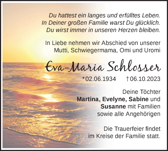 Traueranzeige von Eva-Maria Schlosser von Märkische Oderzeitung