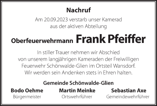 Traueranzeige von Frank Pfeiffer von Märkische Oderzeitung