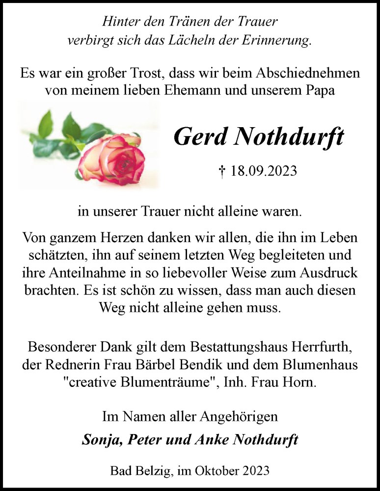  Traueranzeige für Gerd Nothdurft vom 21.10.2023 aus Märkische Oderzeitung