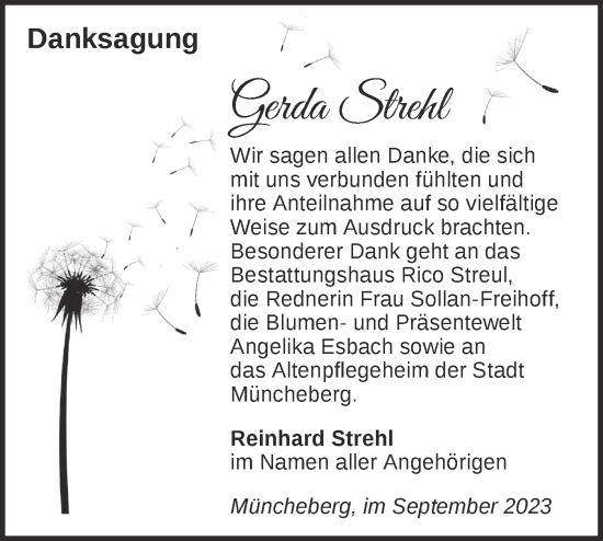 Traueranzeige von Gerda Strehl von Märkische Oderzeitung