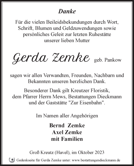 Traueranzeige von Gerda Zemke von Märkische Oderzeitung