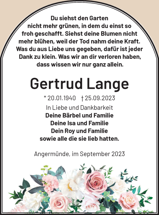 Traueranzeige von Gertrud Lange von Märkische Oderzeitung
