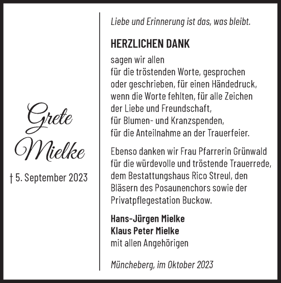 Traueranzeige von Grete Mielke von Märkische Oderzeitung