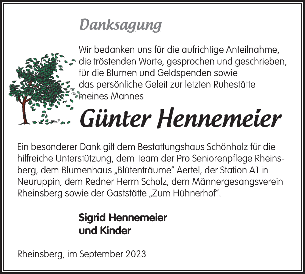  Traueranzeige für Günter Hennemeier vom 14.10.2023 aus Märkische Oderzeitung