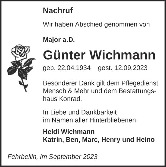 Traueranzeige von Günter Wichmann von Märkische Oderzeitung