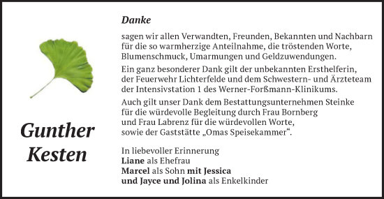 Traueranzeige von Gunther Kesten von Märkische Oderzeitung