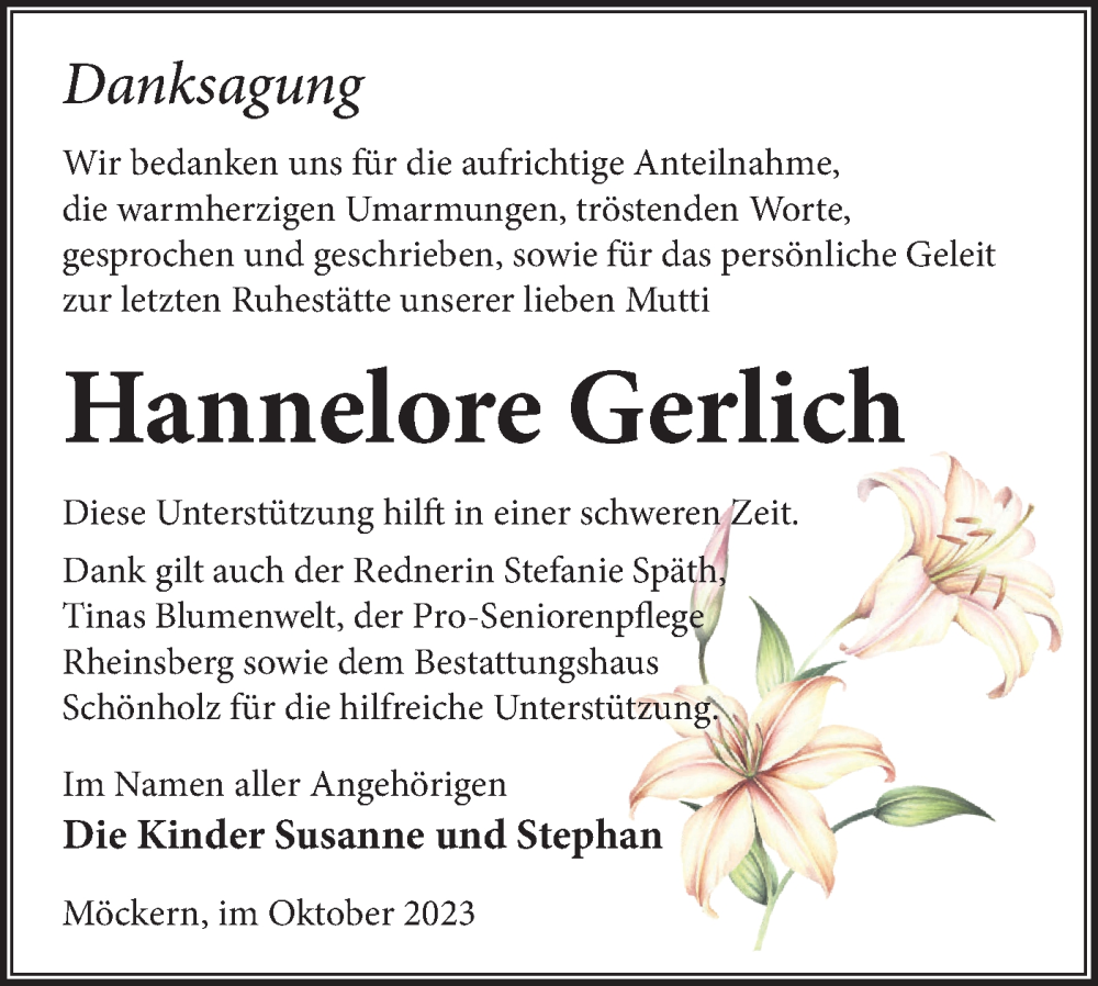  Traueranzeige für Hannelore Gerlich vom 14.10.2023 aus Märkische Oderzeitung