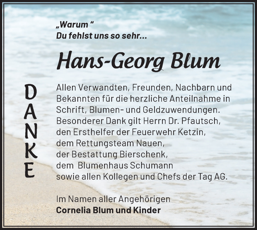 Traueranzeige für Hans-Georg Blum vom 14.10.2023 aus Märkische Oderzeitung