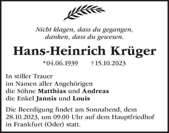 Traueranzeige von Hans-Heinrich Krüger von Märkische Oderzeitung