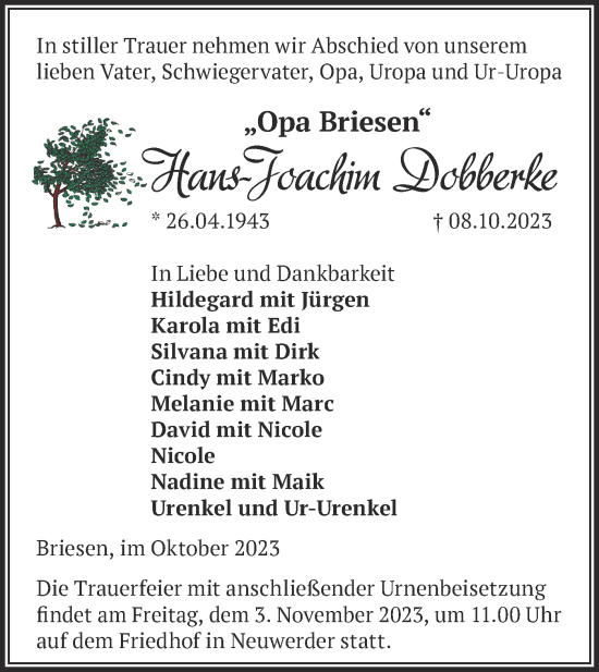 Traueranzeige von Hans-Joachim Dobberke von Märkische Oderzeitung