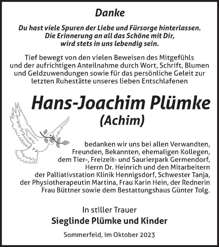  Traueranzeige für Hans-Joachim Plümke vom 11.10.2023 aus Märkische Oderzeitung