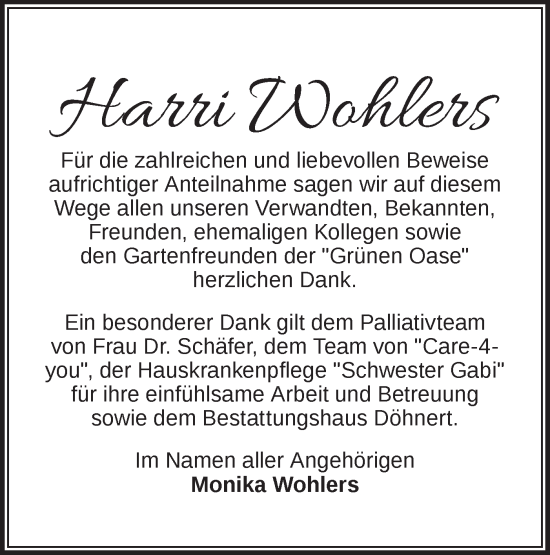 Traueranzeige von Harri Wohlers von Märkische Oderzeitung