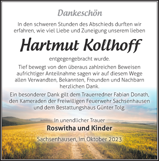 Traueranzeige von Hartmut Kollhoff von Märkische Oderzeitung