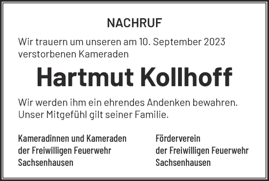 Traueranzeige von Hartmut Kollhoff von Märkische Oderzeitung