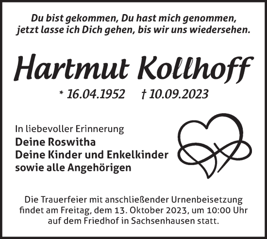 Traueranzeige von Hartmut Kollhoff von Märkische Oderzeitung