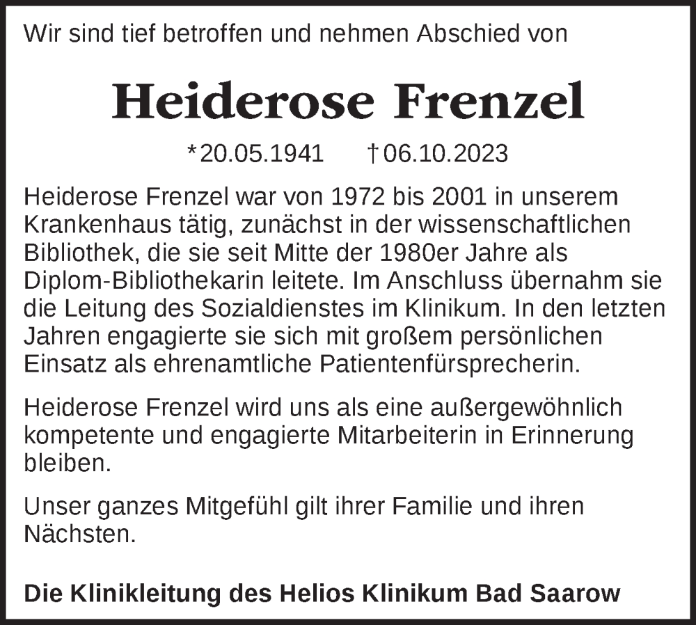  Traueranzeige für Heiderose Frenzel vom 14.10.2023 aus Märkische Oderzeitung