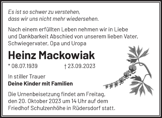 Traueranzeige von Heinz Mackowiak von Märkische Oderzeitung