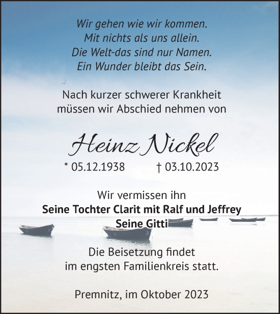 Traueranzeige von Heinz Nickel von Märkische Oderzeitung