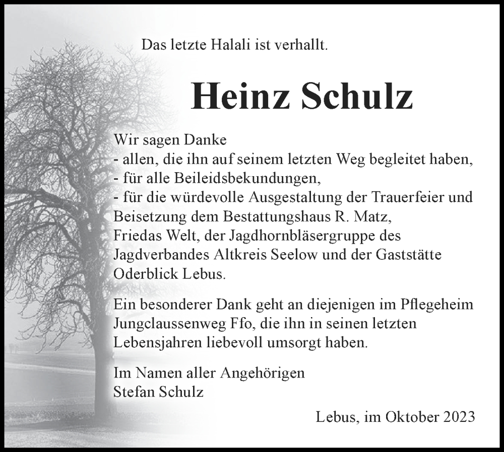  Traueranzeige für Heinz Schulz vom 28.10.2023 aus Märkische Oderzeitung
