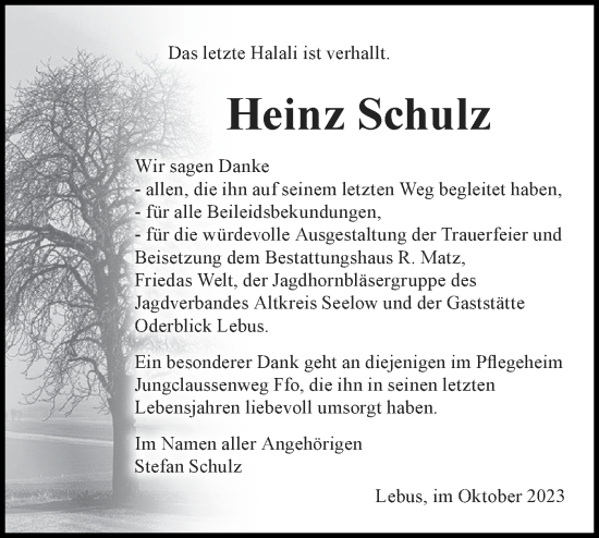 Traueranzeige von Heinz Schulz von Märkische Oderzeitung