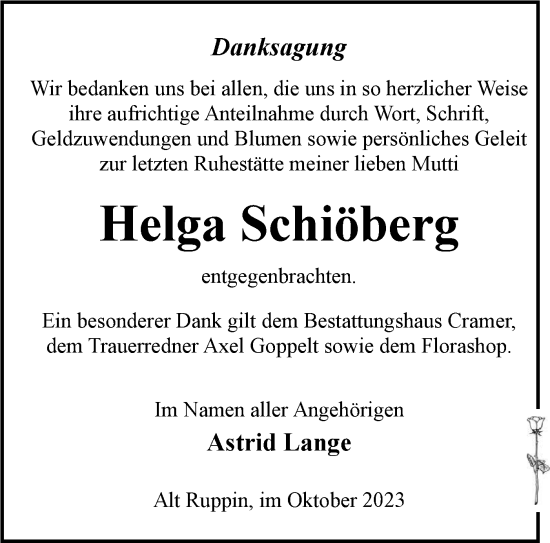 Traueranzeige von Helga Schiöberg von Märkische Oderzeitung