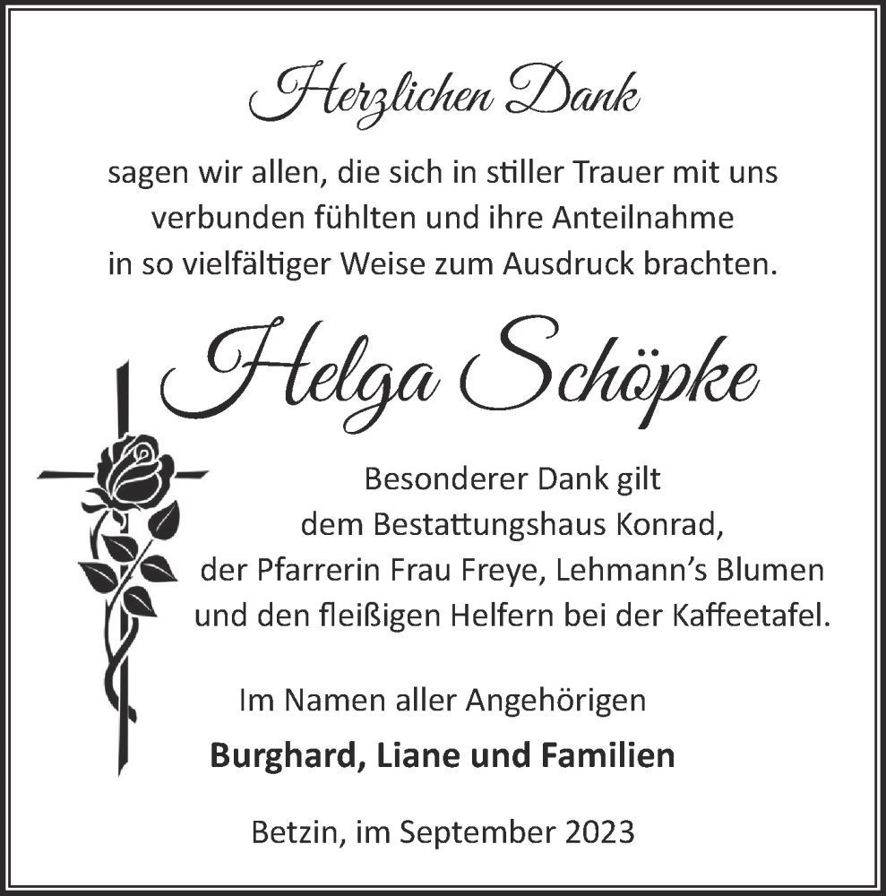  Traueranzeige für Helga Schöpke vom 07.10.2023 aus Märkische Oderzeitung