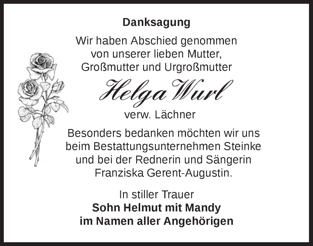  Traueranzeige für Helga Wurl vom 21.10.2023 aus Märkische Oderzeitung