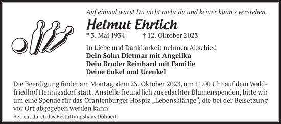 Traueranzeige von Helmut Ehrlich von Märkische Oderzeitung