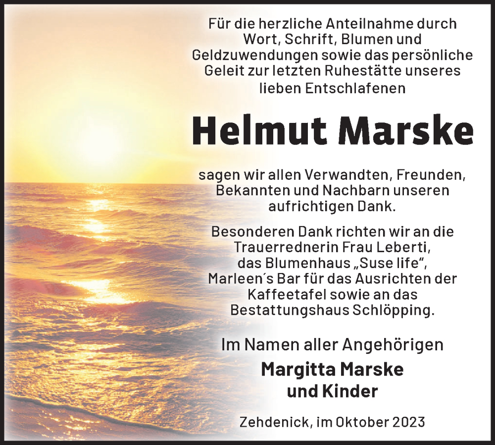  Traueranzeige für Helmut Marske vom 14.10.2023 aus Märkische Oderzeitung