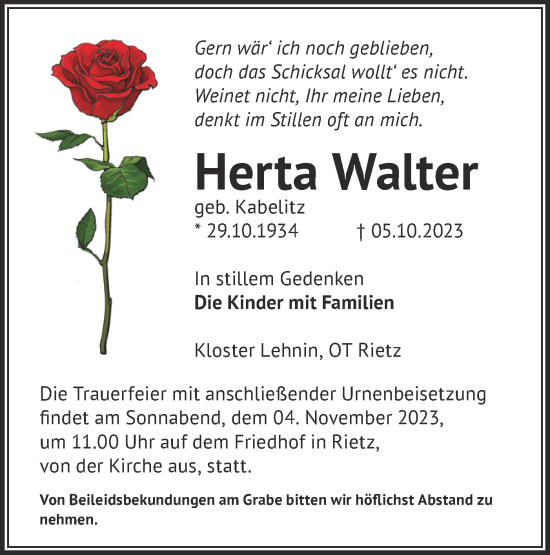 Traueranzeige von Herta Walter von Märkische Oderzeitung