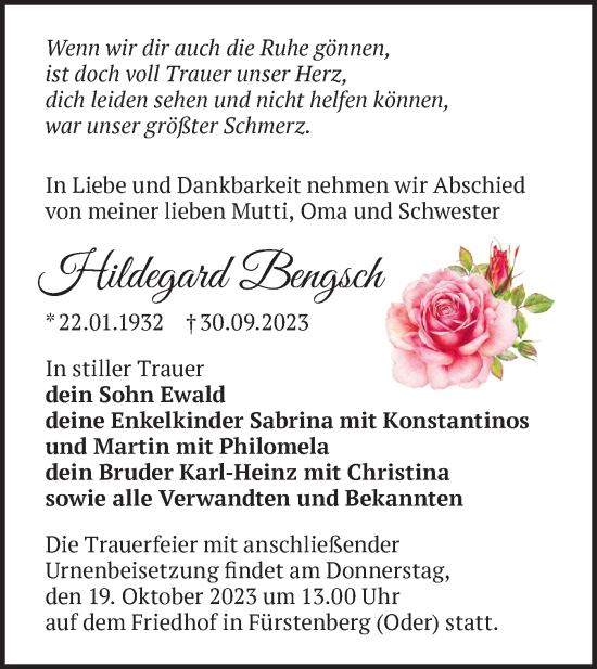 Traueranzeige von Hildegard Bengsch von Märkische Oderzeitung