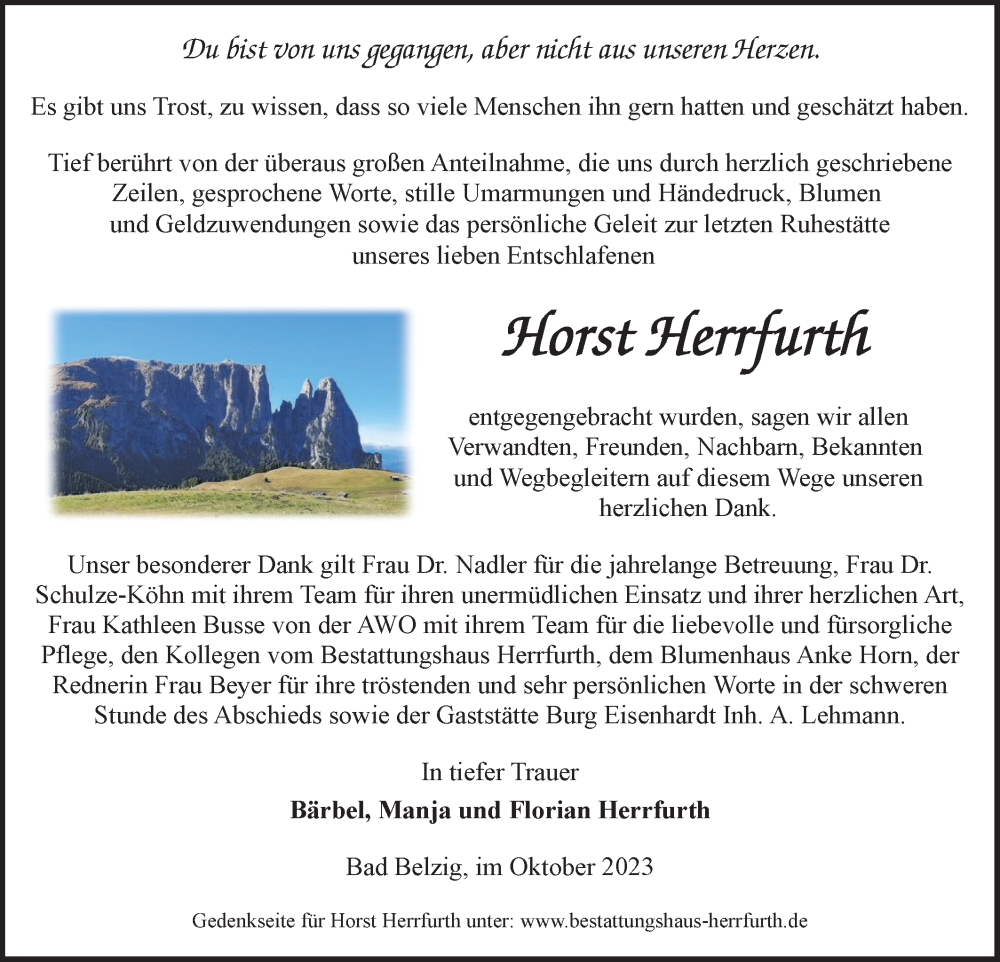  Traueranzeige für Horst Herrfurth vom 14.10.2023 aus Märkische Oderzeitung