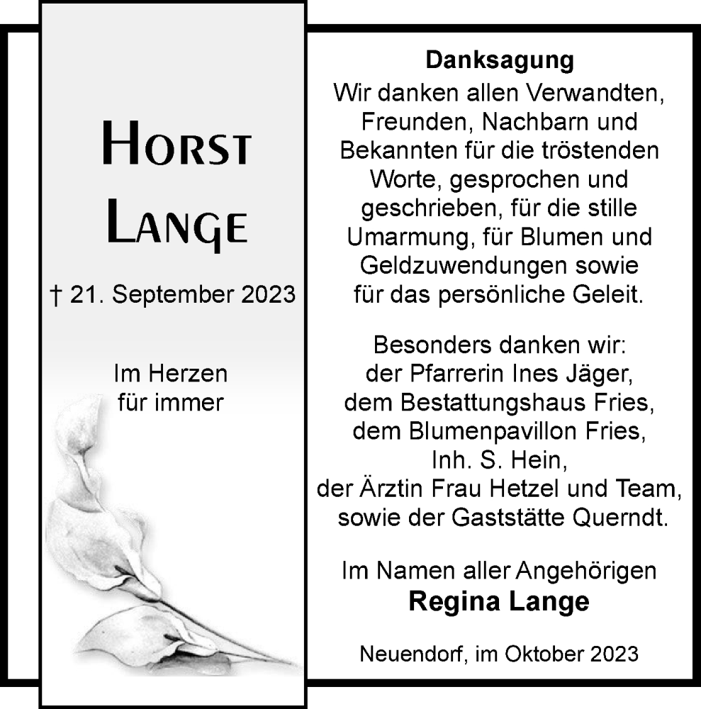  Traueranzeige für Horst Lange vom 21.10.2023 aus Märkische Oderzeitung