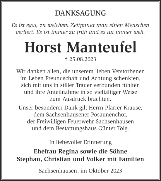 Traueranzeige von Horst Manteufel von Märkische Oderzeitung