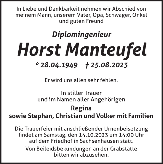 Traueranzeige von Horst Manteufel von Märkische Oderzeitung