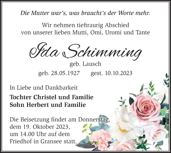 Traueranzeige von Ida Schimming von Märkische Oderzeitung