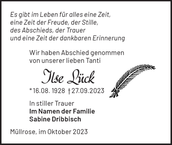 Traueranzeige von Ilse Lück von Märkische Oderzeitung