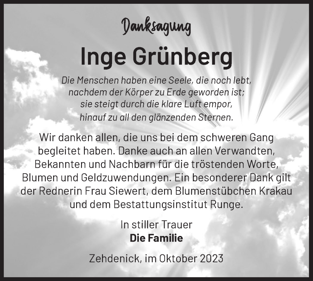 Traueranzeige für Inge Grünberg vom 14.10.2023 aus Märkische Oderzeitung