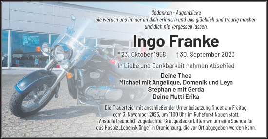 Traueranzeige von Ingo Franke von Märkische Oderzeitung