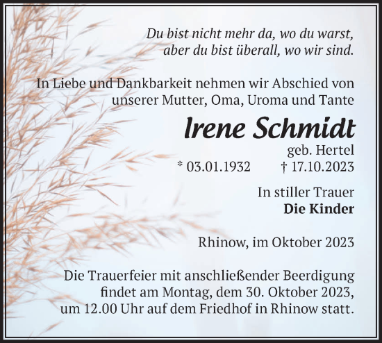 Traueranzeige von Irene Schmidt von Märkische Oderzeitung