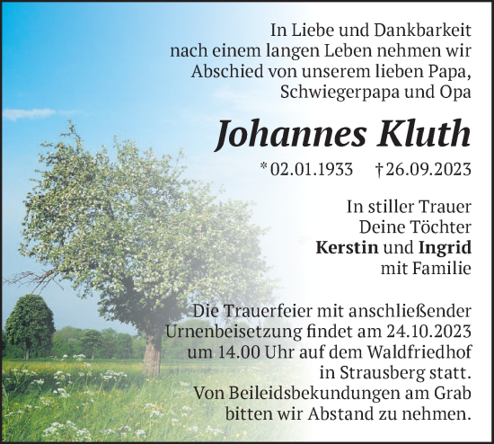 Traueranzeige von Johannes Kluth von Märkische Oderzeitung