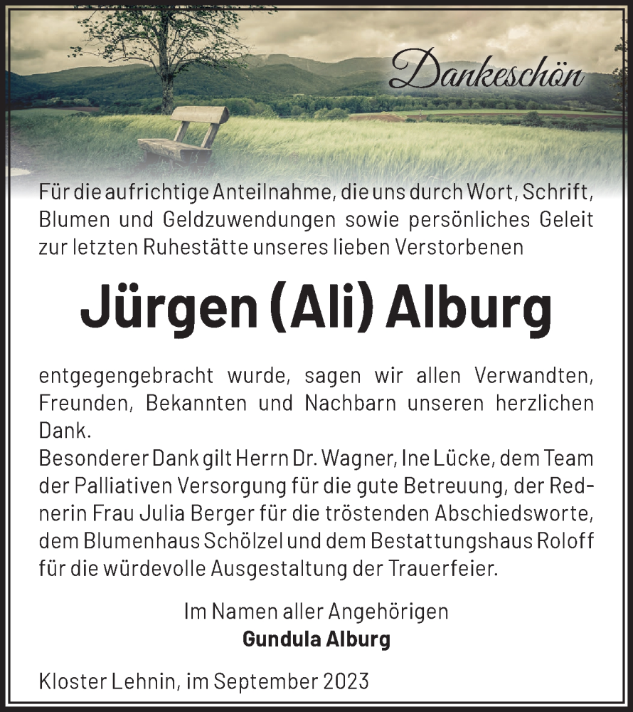  Traueranzeige für Jürgen Alburg vom 07.10.2023 aus Märkische Oderzeitung