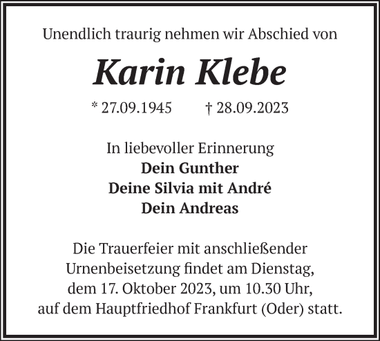 Traueranzeige von Karin Klebe von Märkische Oderzeitung