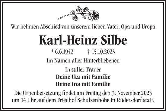 Traueranzeige von Karl-Heinz Silbe von Märkische Oderzeitung