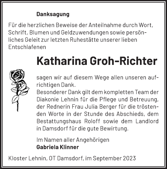 Traueranzeige von Katharina Groh-Richter von Märkische Oderzeitung